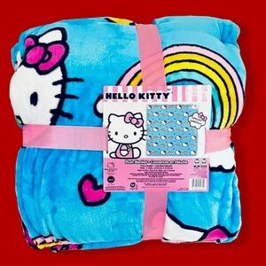 Sanrio Hello Kitty blue and rainbow blanket throw size Queen NWT